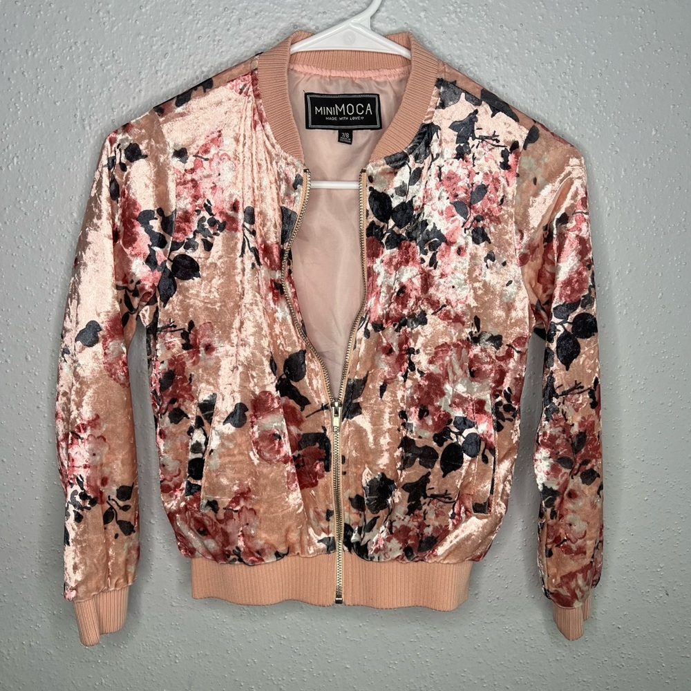 MINI MOCA GIRLS Sherpa Lined pink Floral bomber jacket Size 7/8